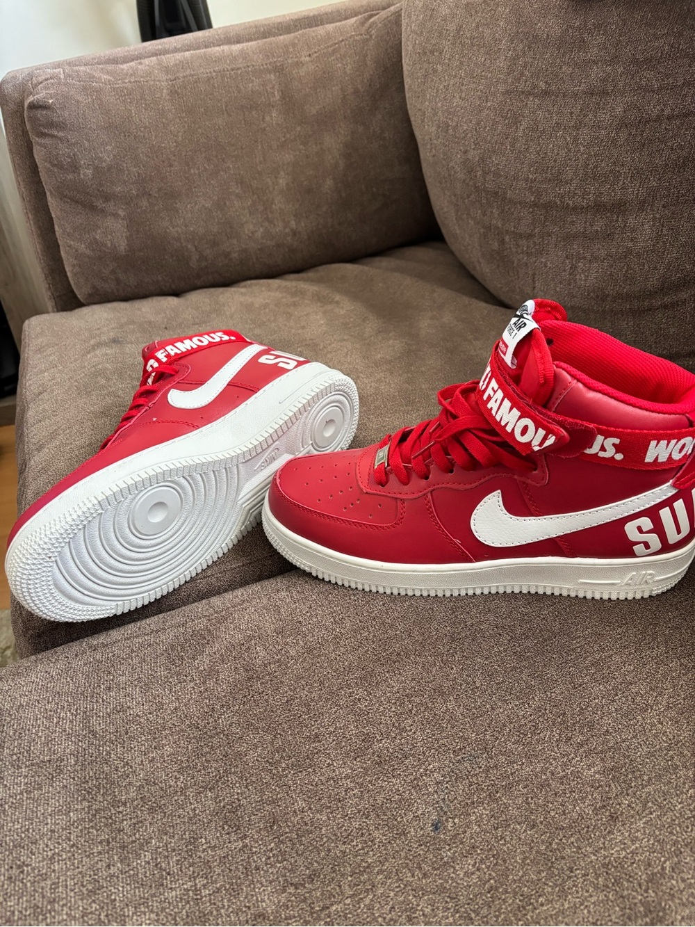 Nike x Supreme Red High-Top Sneakers with White Swoosh - Picture 2 of 4